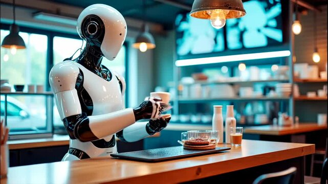 Humanoid robot barista serving coffee in futuristic cafe, symbol of AI and food automation