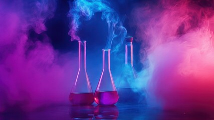 Scientific lab beakers amidst colorful smoke