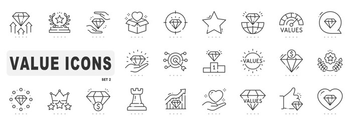 Set of value related line icons. Brilliant, diamond, gem etc. Editable stroke. Set 2
