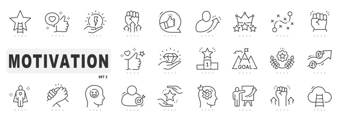 Set of motivation related line icons. Career, inspiration, success etc. Editable stroke. Set 2