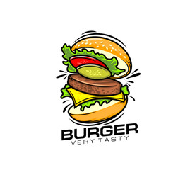 Fast food cheeseburger icon for fast food restaurant or BBQ grill bar, vector sign. Double cheeseburger, burger or hamburger sandwich sign cheese, lettuce and sesame bun for fast food meals menu