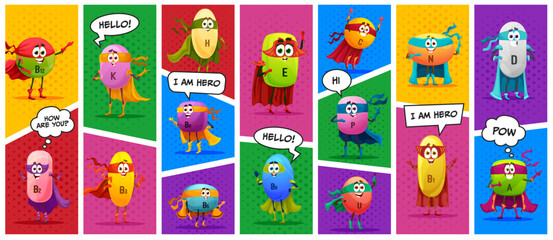 Cartoon superhero vitamin and micronutrient characters collage, vector funny personages. Cartoon comics with vitamin superheroes or micronutrient heroes in magic mantle or power cloak capes
