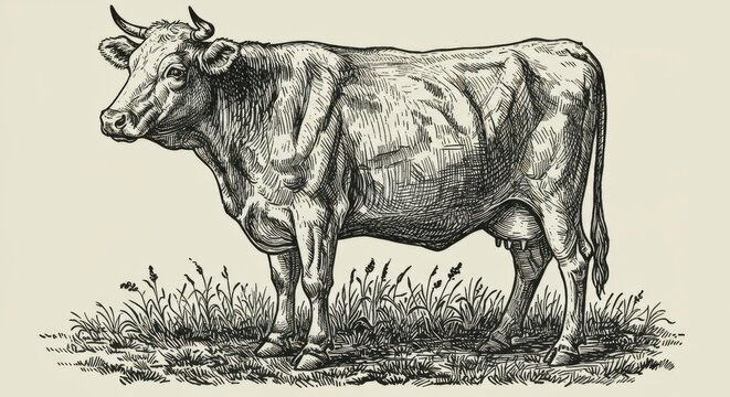 Detailed pen-and-ink drawing of a cow standing in grass, showcasing its muscular structure and calm demeanor