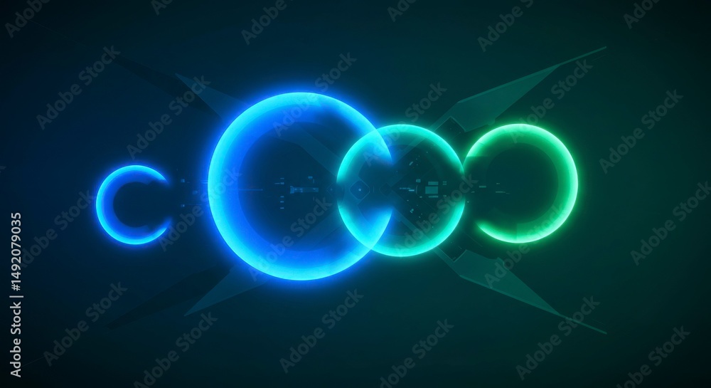 Poster glowing interconnected blue, teal, and green circles form a dynamic abstract design against a dark, 