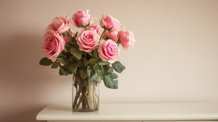 Fototapeta premium A beautiful bouquet of pink roses arranged elegantly in a clear glass vase, bringing warmth and elegance to any space.