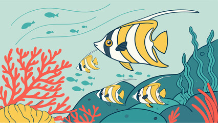 Fototapeta premium Vibrant Illustrated Underwater Ocean Scene with Tropical Butterflyfish, Red Coral, and Green Seaweed