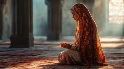 A serene moment: Muslim woman's spiritual reflection in illuminated prayer space