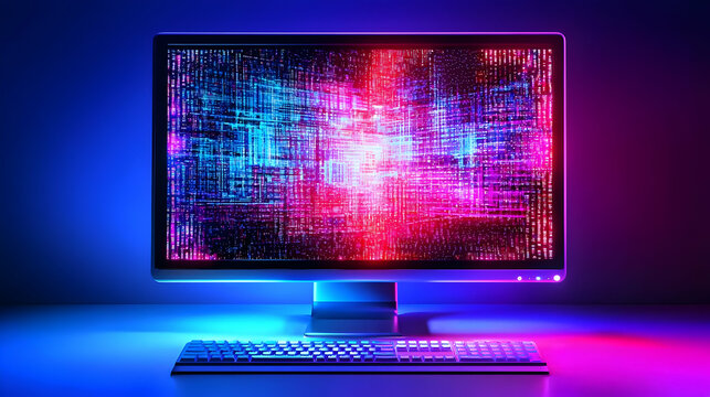 A desktop computer monitor displays vibrant, glowing binary code.  Colorful light illuminates the screen and keyboard
