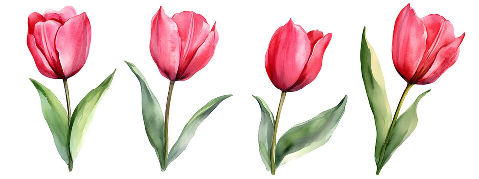 Set of red tulip flowers watercolor illustrations with green leaves isolated on transparent background, vibrant spring floral elements for decoration