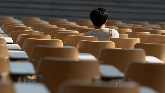 Solitary Reflection in Academic Environment Person in Large Lecture Hall with Empty Wooden Chairs, Emphasizing Solitude and Contemplation in Quiet Setting - Powered by Adobe