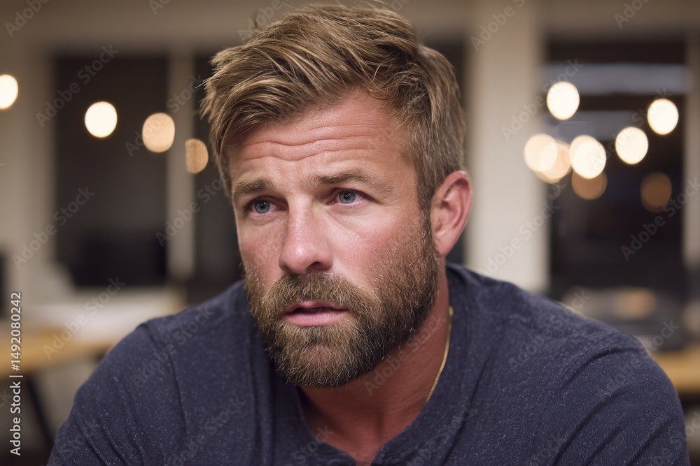 Poster thoughtful man with a beard contemplating ideas in a modern workspace illuminated by soft glowing li