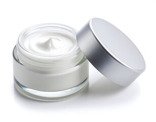 Cosmetic Cream Jar With White Cream Silver Lid on White Isolated Background