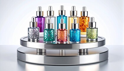 Colorful essential oil bottles on a rotating display stand A luxurious and elegant product