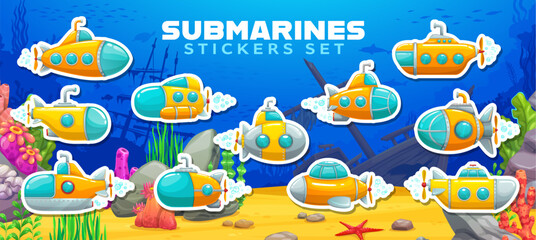 Cartoon underwater submarines stickers pack. Vector fun and adventurous ocean exploration yellow submarine patches floating underwater, surrounded by corals, seaweed, rocks, and shipwreck remains