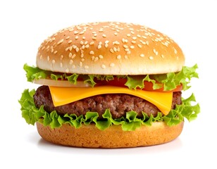 Classic Hamburger with Sesame Seed Bun Cheese Lettuce Tomato and Onion on White
