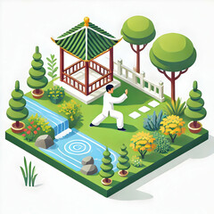 Isometric flat illustration of a person completing an online professional course on a laptop, symbolizing skills development, isolated on a white background.