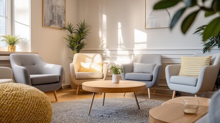 A bright, cozy living room with comfortable chairs, a wooden table, and lush plants, perfect for relaxation and socializing.