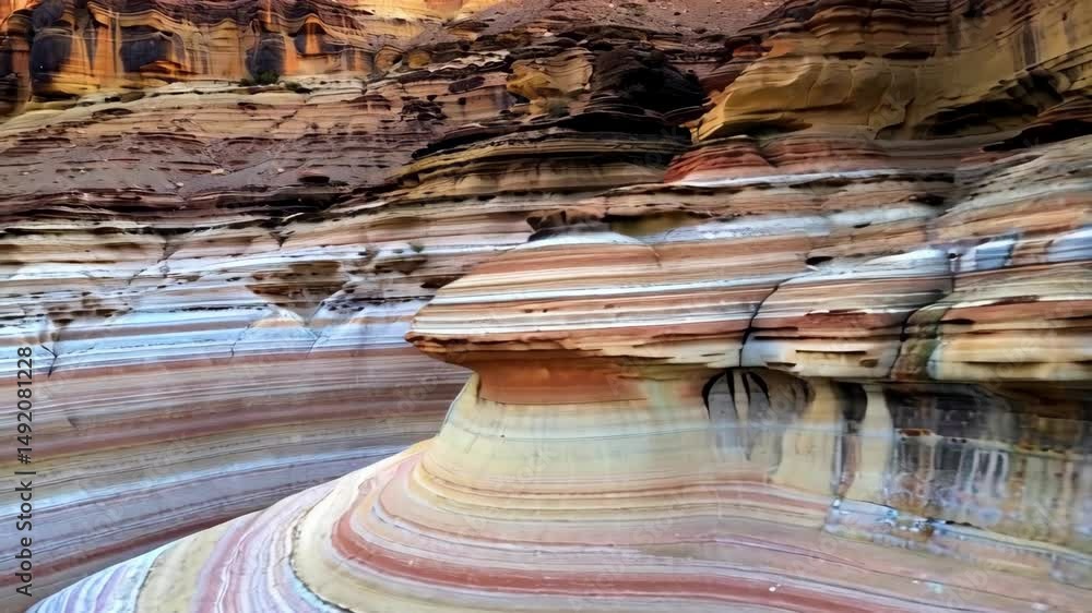 Poster Dramatic layered rock formation showing natural geological features with intricate patterns and multicolored strata in sandstone cliffs