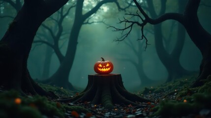 Illuminated Jack-o'-lantern perched atop mossy tree stump in an eerie, fog-shrouded forest setting