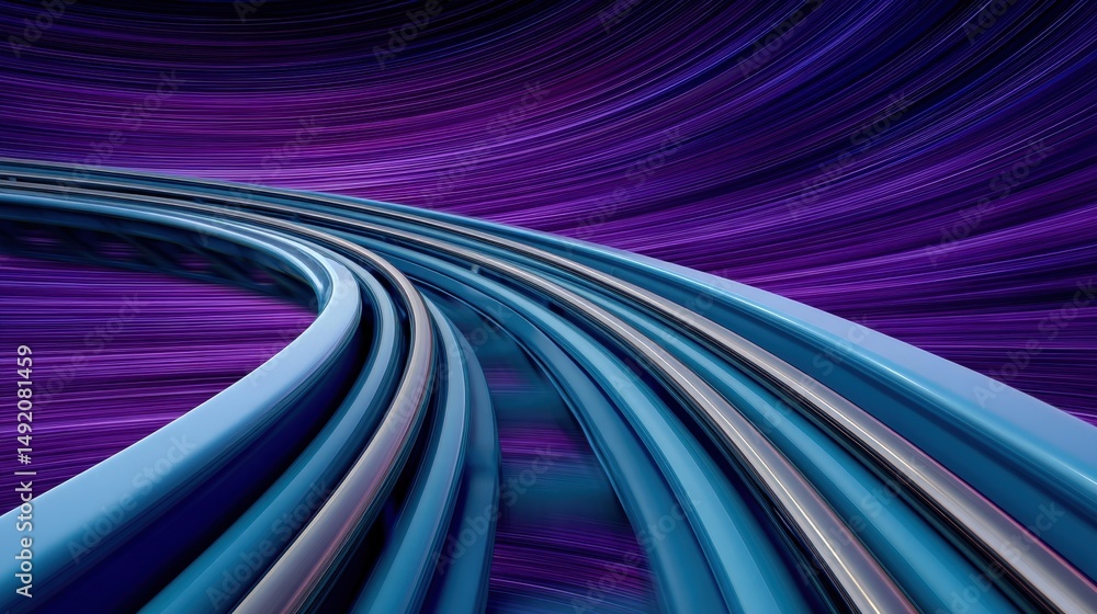 Poster dynamic curved highway with sleek blue rails flowing through a vibrant purple vortex creating a sens
