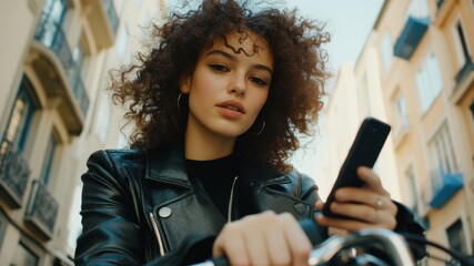 Woman on motorcycle using smartphone in city street.