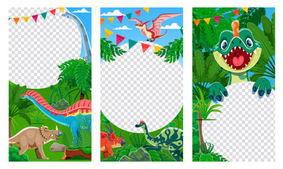 Social media frame templates with cartoon prehistoric dinosaurs. Vector circular photo frames or stories borders featuring playful reptile characters and baby dino in tropical jungle with flag garland © Vector Tradition