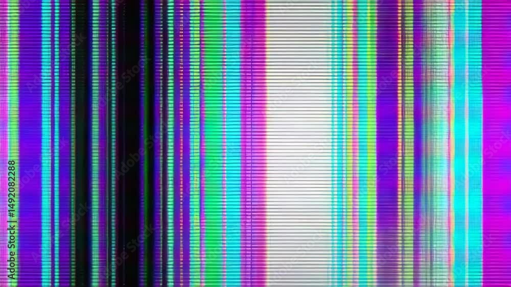 Poster vibrant abstract vdo with horizontal lines and vertical stripes in blue, purple, and green creating 