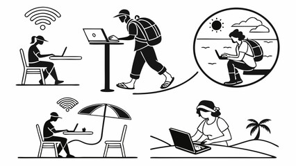 Black and white illustration of digital nomads working remotely in various locations cafe beach and tightrope walk symbolizing flexibility