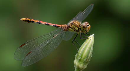 Dragonfly perched on flower bud