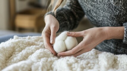 Hands holding a ball of wool on a fluffy blanket