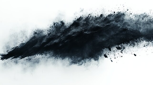 Abstract dark blue powder explosion on white background.  A dynamic, textured image showcasing a cloud of dispersed particles