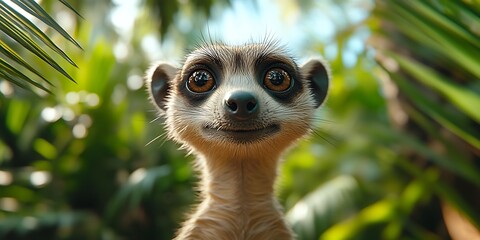Curious meerkat in lush jungle