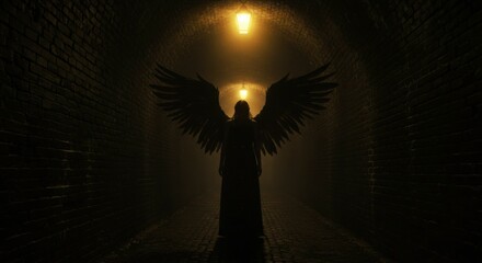 Dark angel silhouette in a misty brick tunnel, illuminated by a distant light