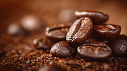 Macro close up of roasted coffee bean pile on ground coffee ingredient for brewing morning beverage. Fresh delicious flavor and aroma concept for food or drink media marketing.