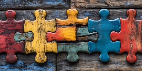 Colorful Puzzle Pieces on Wood.