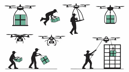 Drone Delivery and Logistics with People Handling Packages Silhouette Vector Set