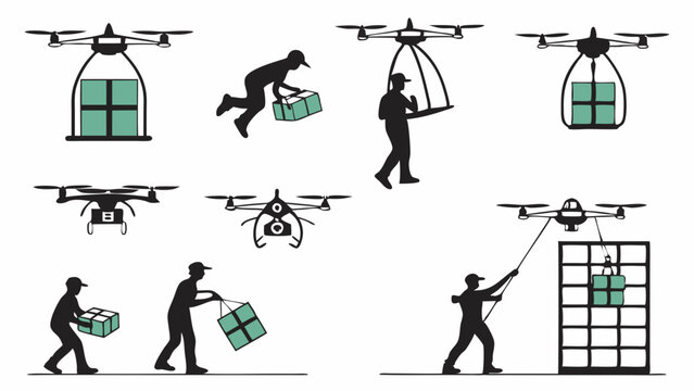 Drone Delivery and Logistics with People Handling Packages Silhouette Vector Set