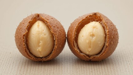 Close-Up View of Two Shelled Macadamia Nuts on a Neutral Background with Textural Detail