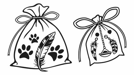Black and white line art illustration of two drawstring bags featuring paw prints, feathers, beads, and charms.