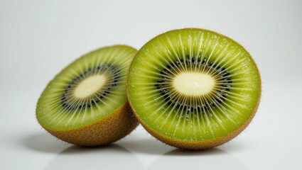 Closeup of Freshly Sliced Kiwi Fruit Displaying Vibrant Green Color and Unique Texture on White Background