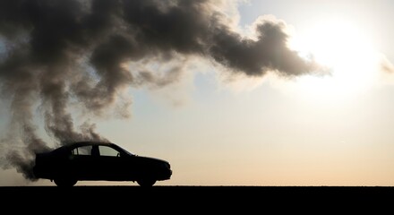 show a silhouette of a car emitting dark clouds of pollution on the left side of the image, with a bright sunbeam shining down from the top right corner