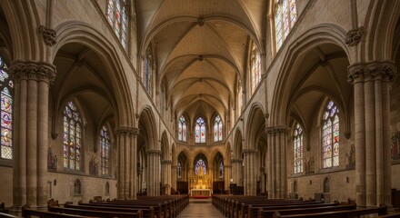 Fototapeta premium Transept of a church showcasing stained-glass windows, high vaulted ceilings, and rows of pews