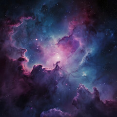 Fototapeta premium Deep space nebula background with glowing stars and colorful cosmic clouds, shades of purple, blue, and pink, dreamy and vibrant, high-resolution