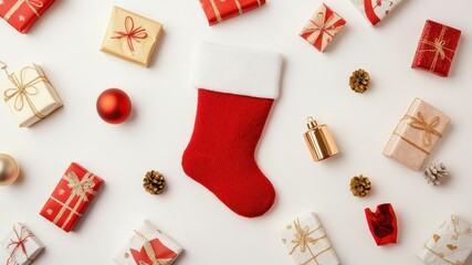 Overhead shot of Christmas stocking and gifts on white