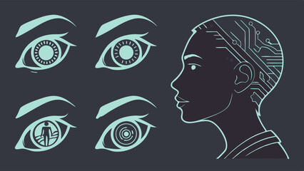 Futuristic AI Head with Circuit Brain and Stylized Tech Vision Eyes Vector Art