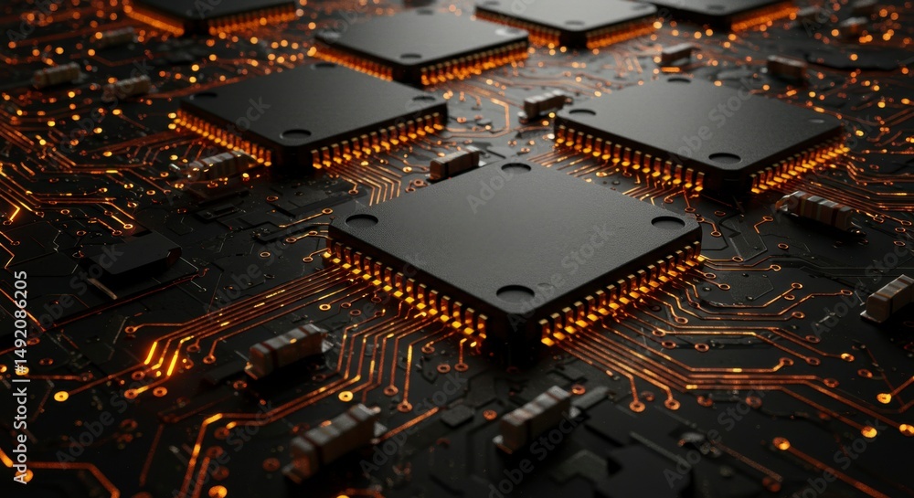 Poster advanced computer chips on circuit board with glowing traces