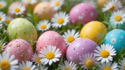 Colorful Easter Eggs Surrounded by Fresh Daisies in a Lush Green Field During Spring