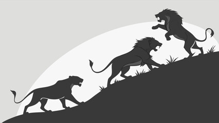 Powerful Three Lions Silhouette Climbing Steep Hill Black and White Illustration