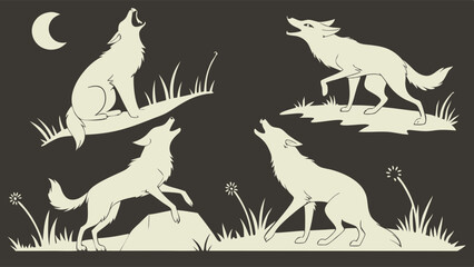 Four Howling Wolves Silhouette Illustration Night Moon Grass Wild Animals
