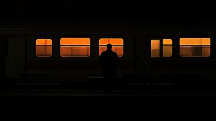 Silhouette of a person waiting for a train at dusk.